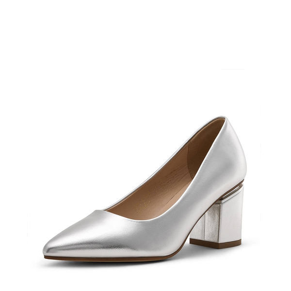 Classic Pointed Toe Block Heel Pumps - SILVER PU -  0